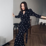 Black Printed Two Pieces Long Sleeve Irregular Tops Slim Fit Bodycon Club Midi Skirt Dress