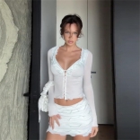 White Mesh Single Breasted Sexy Crop Tops Two Pieces Ruffless Mini Skirt Dress Sets