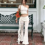 White Short Sleeve Lace Tank Tops Sexy Ruffles Low Waist Street Pant Sets