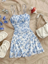 Blue Printed STraps Women Mesh Party Cute Girl's Mini Dress