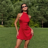 Red Print Polka Dots Halter Backless Women Sexy Party Mini Dress