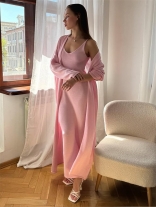 Pink Long Sleeve Long Sleeve Knitted Cardigan 2PCS Straps V Neck Casual Catsuist Dress Sets