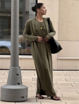 Green Long Sleeve Long Sleeve Knitted Cardigan 2PCS Straps V Neck Casual Catsuist Dress Sets