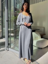 Gray Long Sleeve Long Sleeve Knitted Cardigan 2PCS Straps V Neck Casual Catsuist Dress Sets