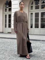 Brown Long Sleeve Long Sleeve Knitted Cardigan 2PCS Straps V Neck Casual Catsuist Dress Sets