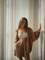 Khaki Women Two Pieces Cotton Long Sleeve Single Breasted Tops High Waist Trousers Short Sets