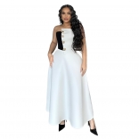 White Strapless Button Crop Tops Elegant Pleated Fashion Maxi Dress
