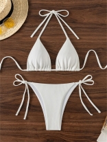 White Women's Sexy Lace Up Striped Swimming Bikini Sets