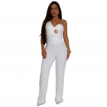 White One Shoulder Two Pieces Crop Top Bodycon Long Pant Sets
