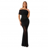 Black Off Shoulder Mesh Elegant Party Evening See Through Bodycon Maxi Dress