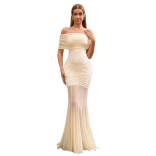 Apricot Off Shoulder Mesh Elegant Party Evening See Through Bodycon Maxi Dress