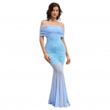 Blue Off Shoulder Mesh Elegant Party Evening See Through Bodycon Maxi Dress