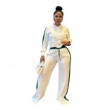 Whit Two Pieces Long Sleeve Zipper Top Wide Leg Sports Long Pant Sets