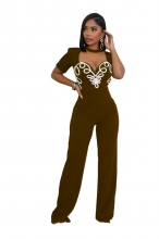 Brown Short Sleeve Stripes V Neck Bodycon Women Party Sexy Jumpsuit