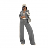Gray Two Pieces Long Sleeve Zipper Top Wide Leg Sports Long Pant Sets