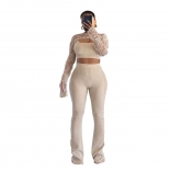 Apricot 3PCS Knitted Long Sleeve Tops Hollow Out Bodycon Sexy Pant Sets Dress