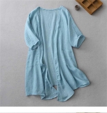 Blue Half Sleeve Cotton Linen Summer Sunscreen Shirt Outerwear Shawl