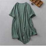 Green Half Sleeve Cotton Linen Summer Sunscreen Shirt Outerwear Shawl