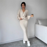 Apricot Long Sleeve Knitted Single Breasted Tops Bodycon Sweater Midi Dress Sets