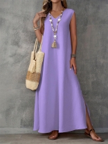Purple V Neck Sleeveless Summer Vacation Women Fashion Long Dress