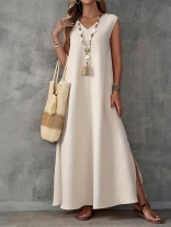 Apricot V Neck Sleeveless Summer Vacation Women Fashion Long Dress