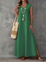 Green V Neck Sleeveless Summer Vacation Women Fashion Long Dress