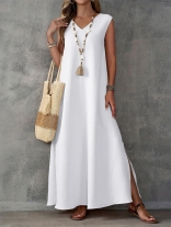 White V Neck Sleeveless Summer Vacation Women Fashion Long Dress