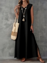 Black V Neck Sleeveless Summer Vacation Women Fashion Long Dress