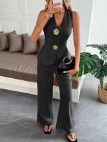 Black Sleeveless Vest Top Two Pieces Casual Simple Long Pant Sets Dress