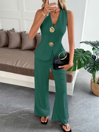 Green Sleeveless Vest Top Two Pieces Casual Simple Long Pant Sets Dress