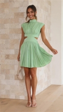 Light Green High Neck Sleeveless Cut Out Pleated Mini Skirt Dress