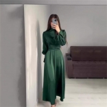 Green Elegant Women Party Puff Sleeve Belt Formal Long Dress