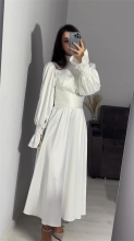 White Elegant Women Party Puff Sleeve Belt Formal Long Dress