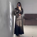 Black Elegant Women Party Puff Sleeve Belt Formal Long Dress
