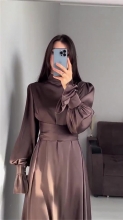Brown Elegant Women Party Puff Sleeve Belt Formal Long Dress