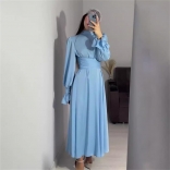 Sky Blue Elegant Women Party Puff Sleeve Belt Formal Long Dress