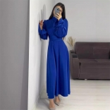 Royal Blue Elegant Women Party Puff Sleeve Belt Formal Long Dress