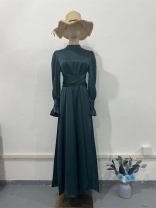 Dark Green Elegant Women Party Puff Sleeve Belt Formal Long Dress