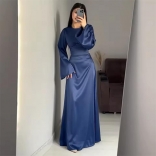 Royal Blue Elegant Women Party Long Sleeve Back Lace Up Formal Long Dress
