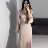 Khaki Elegant Women Party Long Sleeve Back Lace Up Formal Long Dress