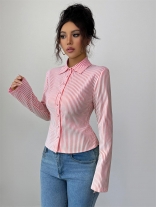 Red Long Sleeve Lapel Neck Striped Women Fashion T-Skirt Dress