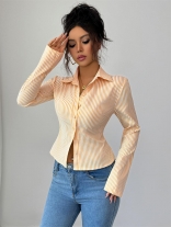 Orange Long Sleeve Lapel Neck Striped Women Fashion T-Skirt Dress
