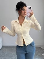 Beige Long Sleeve Lapel Neck Striped Women Fashion T-Skirt Dress