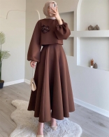 Brown Two Pieces Knitted Fashion 3D Floral Luxury Skirt Dress