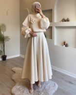 Apricot Two Pieces Knitted Fashion 3D Floral Luxury Skirt Dress