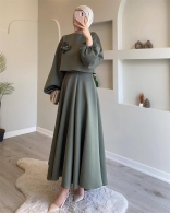 Green Two Pieces Knitted Fashion 3D Floral Luxury Skirt Dress