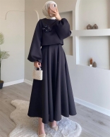 Black Two Pieces Knitted Fashion 3D Floral Luxury Skirt Dress