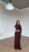 Brown Mesh Long Sleeve Pleated Luxury Stain Evening Formal Maxi Dress