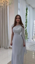 Light Blue Mesh Long Sleeve Pleated Luxury Stain Evening Formal Maxi Dress