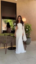 White Mesh Long Sleeve Pleated Luxury Stain Evening Formal Maxi Dress